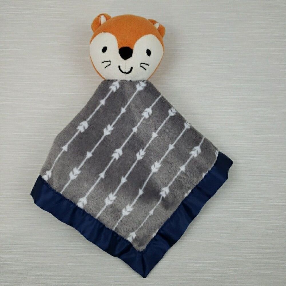Parents Choice Fox Baby Security Blanket Plush Lovey 12x12 Satin Blue Trim Gray